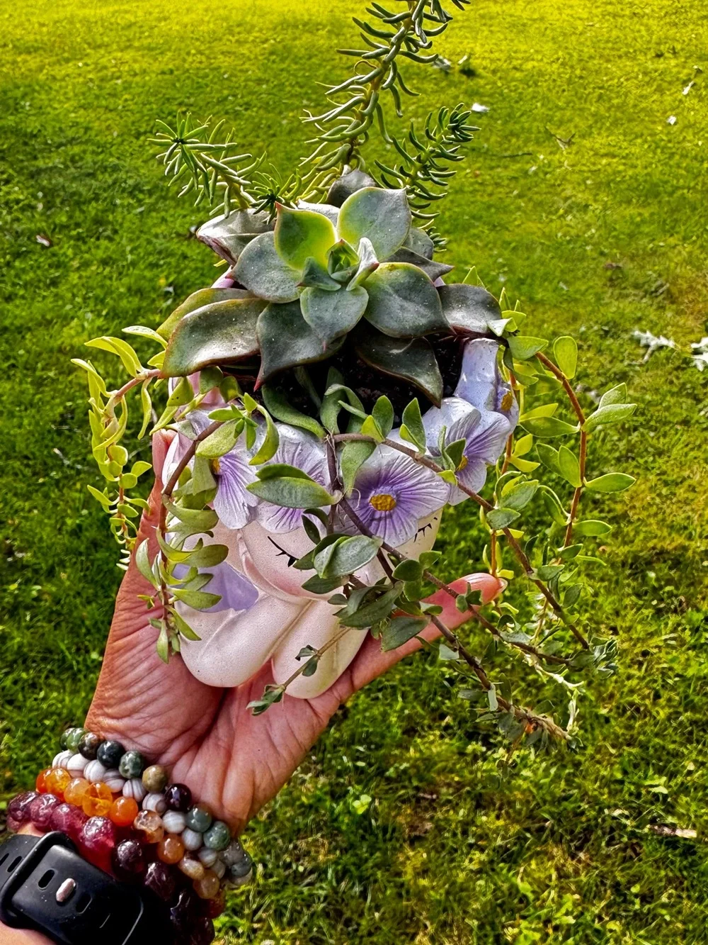 Pink Ceramic Floral Head Planter with Succulent
